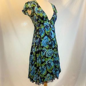 Free People Blue Green floral silk dress, ties at waist, size small